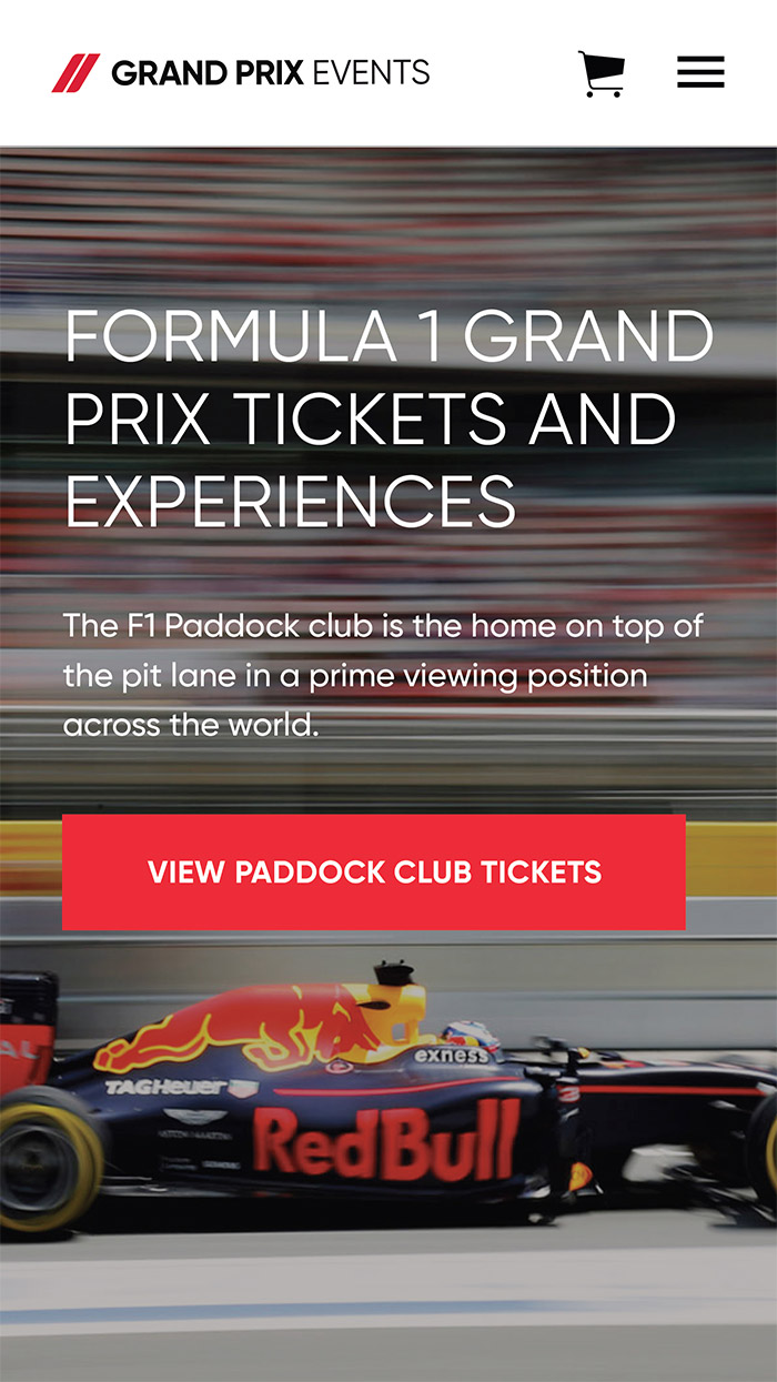 mobile screenshot of the grand prix events homepage
