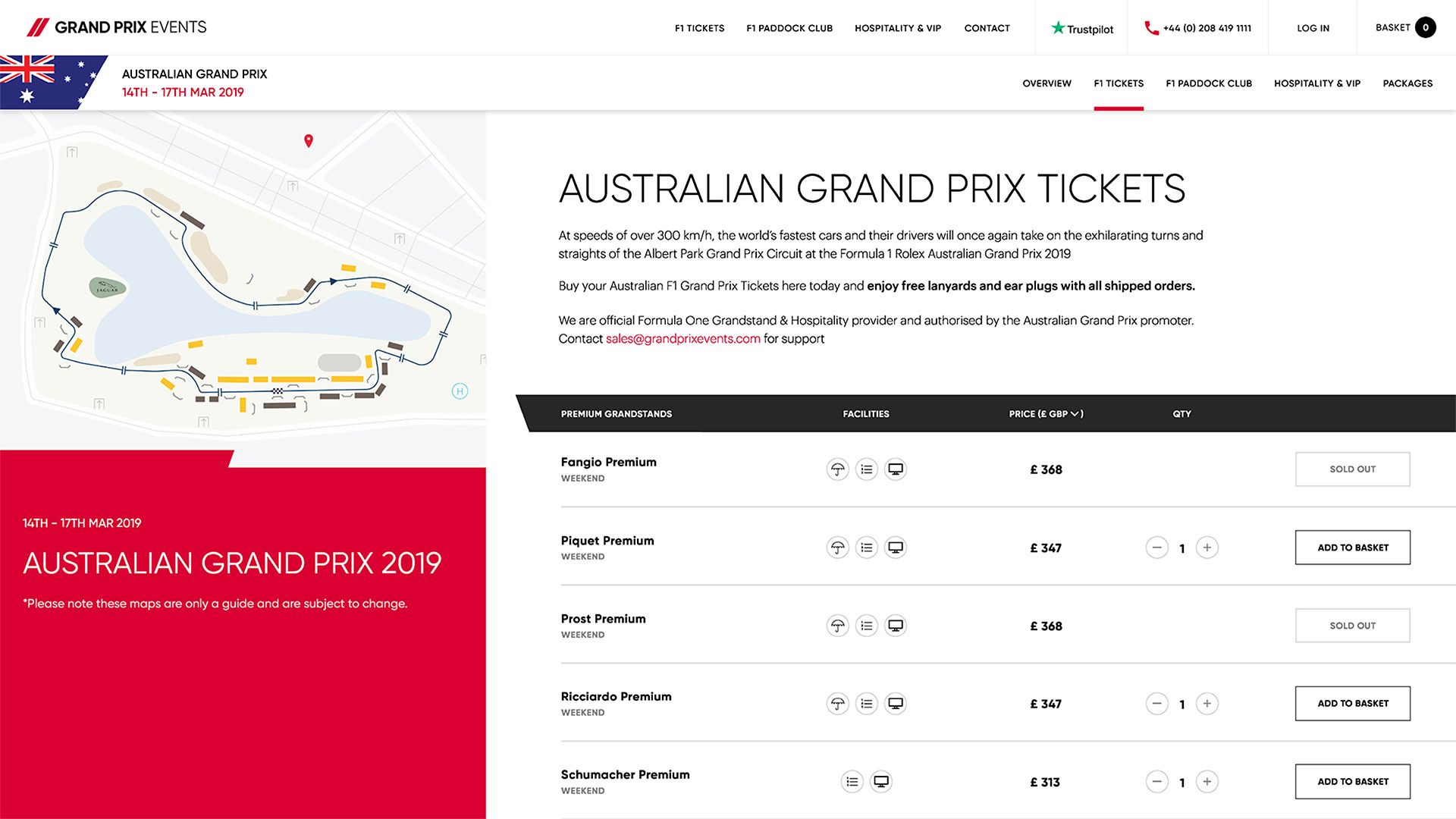 screen shot of the ticket page for the Australian grand prix